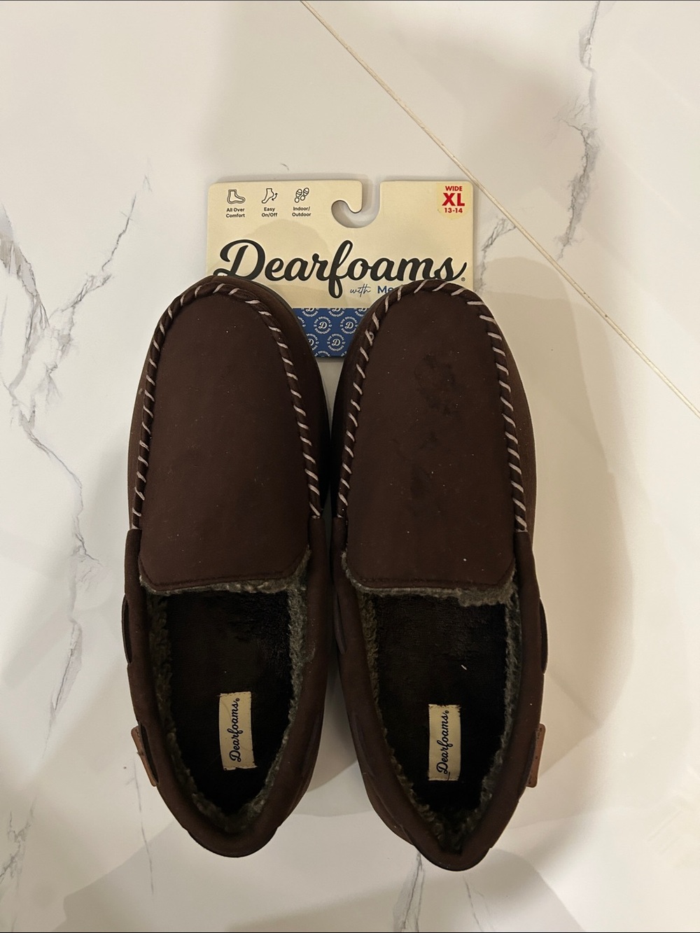 dearfoams Men’s Dark Brown Slip-On Moccasins with Contrast Stitch